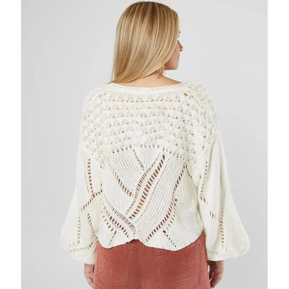 Free‎ People Ivory Snowball Cropped Sweater Wool Blend Open Knit Boho Chic Sz XS